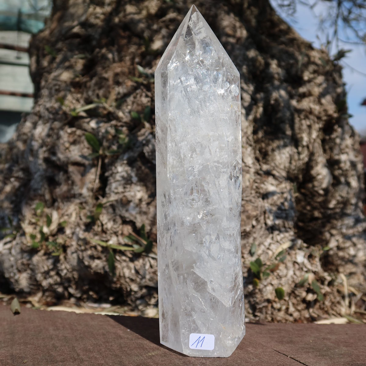 Bergkristall, Quarz, Obelisk geschliffen UNIKAT Nr. 11 vor natürlichem Hintergrund