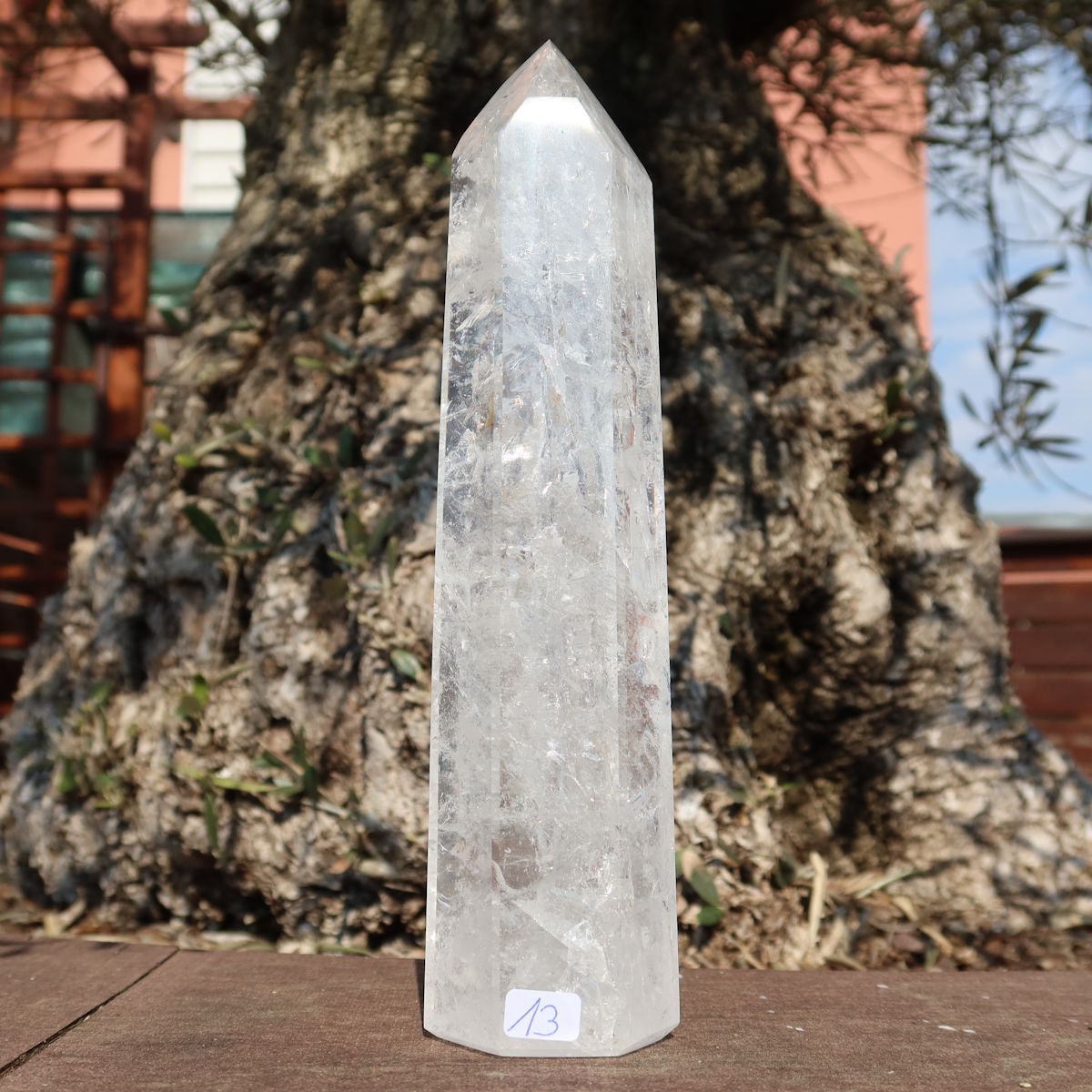 Bergkristall, Quarz, Obelisk geschliffen UNIKAT Nr. 13 vor einem Baum, polierter Kristallturm, einzigartig.