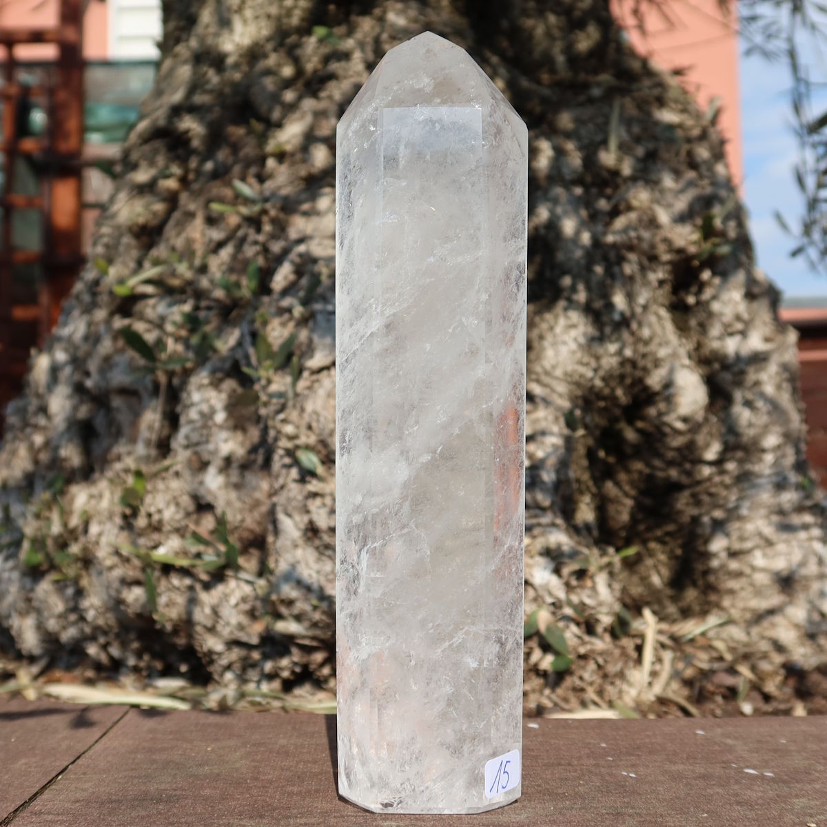 Bergkristall, Quarz, Obelisk geschliffen UNIKAT Nr. 15 vor einer Baumrinde im Freien.
