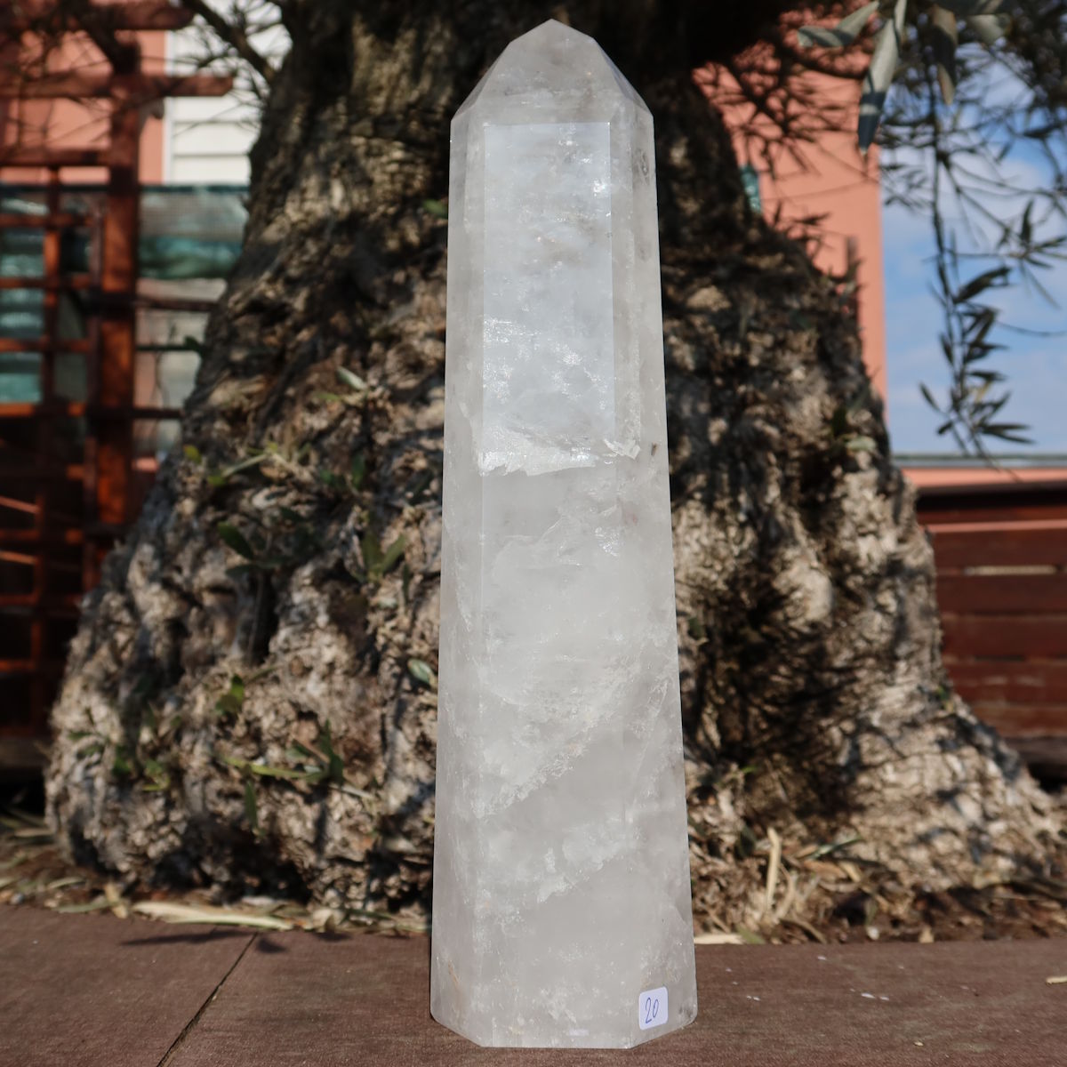 Bergkristall, Quarz, Obelisk geschliffen UNIKAT Nr. 20 vor einem Baum im Freien, einzigartig und poliert.