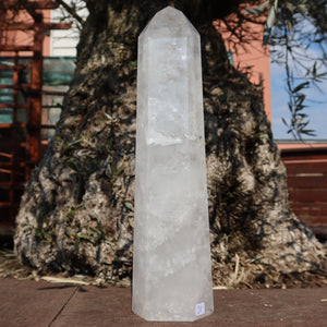 Bergkristall, Quarz, Obelisk geschliffen UNIKAT Nr. 20 vor einem Baum im Freien, einzigartig und poliert.