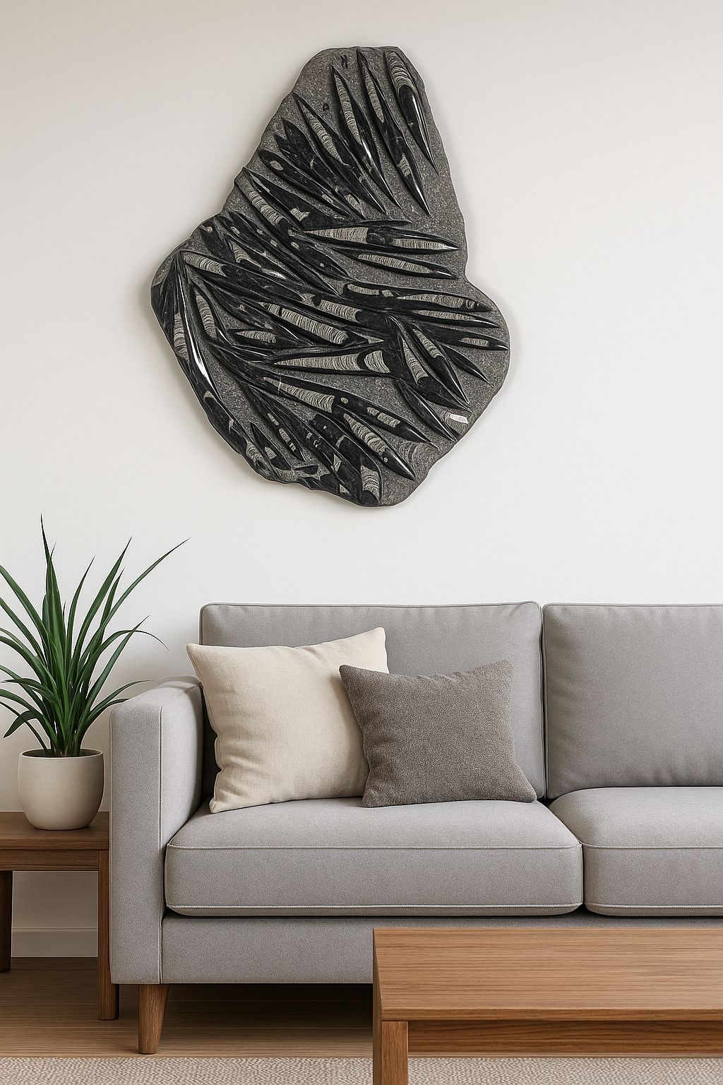 Einzigartige XL Fossile Orthoceras Platte (Tintenfische) - 74x75cm - 280-320 Millionen Jahre - Nr. 29 an einer Wand über einem Sofa