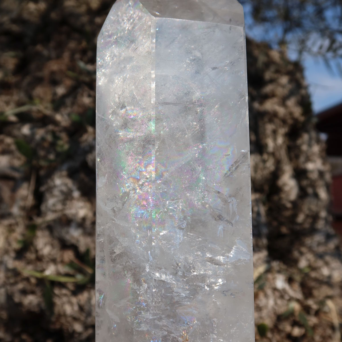 Bergkristall, Quarz, Obelisk geschliffen UNIKAT Nr. 8, transparentes Kristall mit Regenbogenreflexen auf natürlichem Hintergrund.