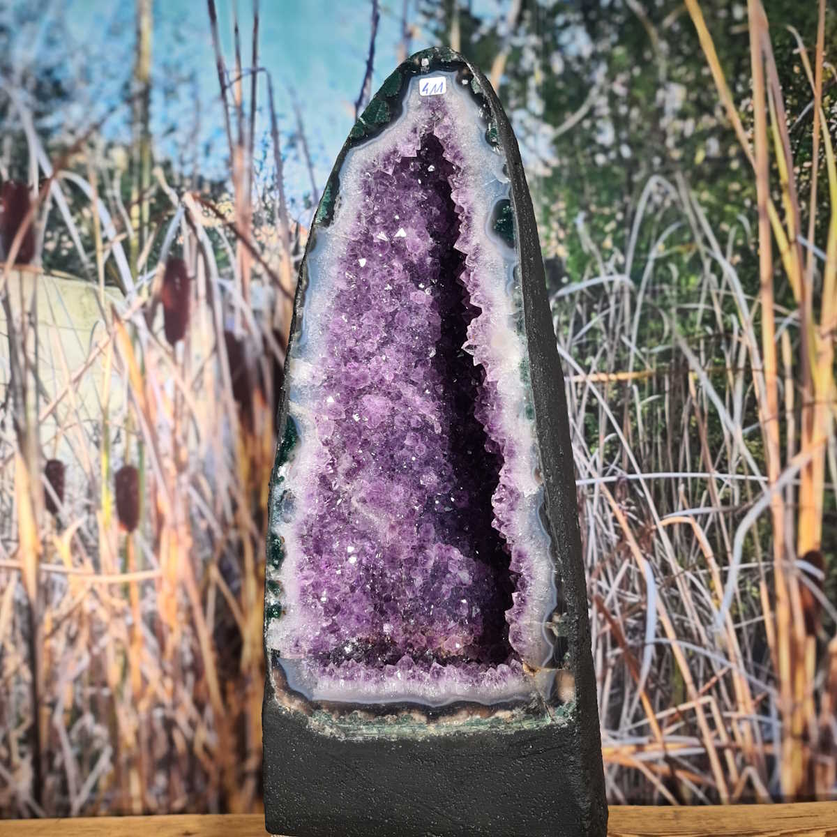 Amethystdruse, Amethyst Geode – Frieden und Harmonie, UNIKAT Nr. 411 in a natural setting, showcasing its unique purple interior.