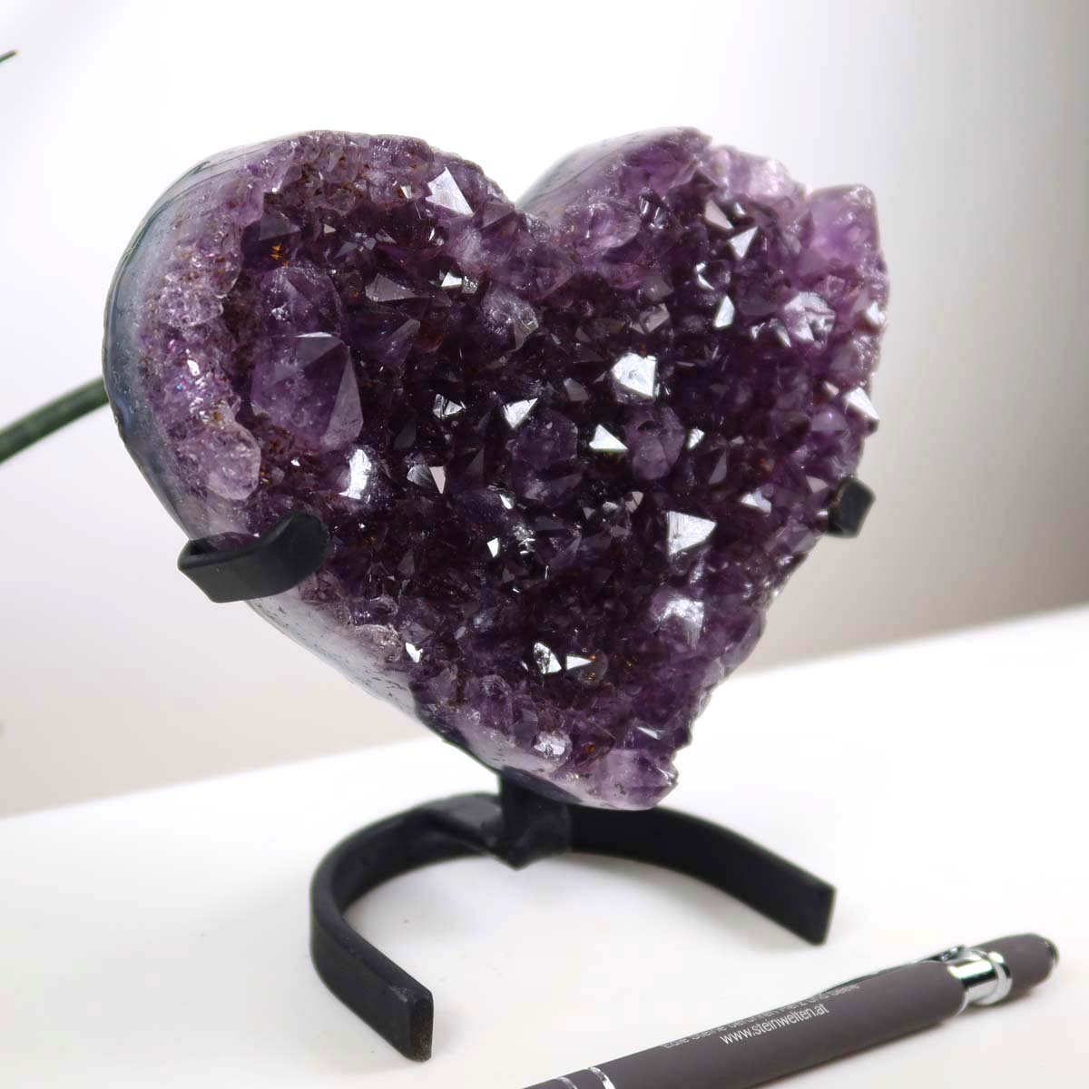 Amethyst Druse Amethyst Geode in Herzform mit Metallsockel 14x12cm - NR-17, brasilianisches Kristallkunstwerk