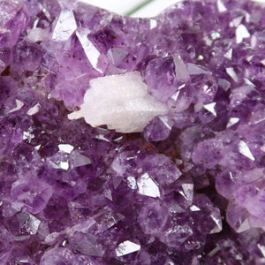 Nahaufnahme der tiefvioletten Kristalle der Amethyst Druse Amethyst Geode in Herzform mit Metallsockel 21x20cm - NR-25