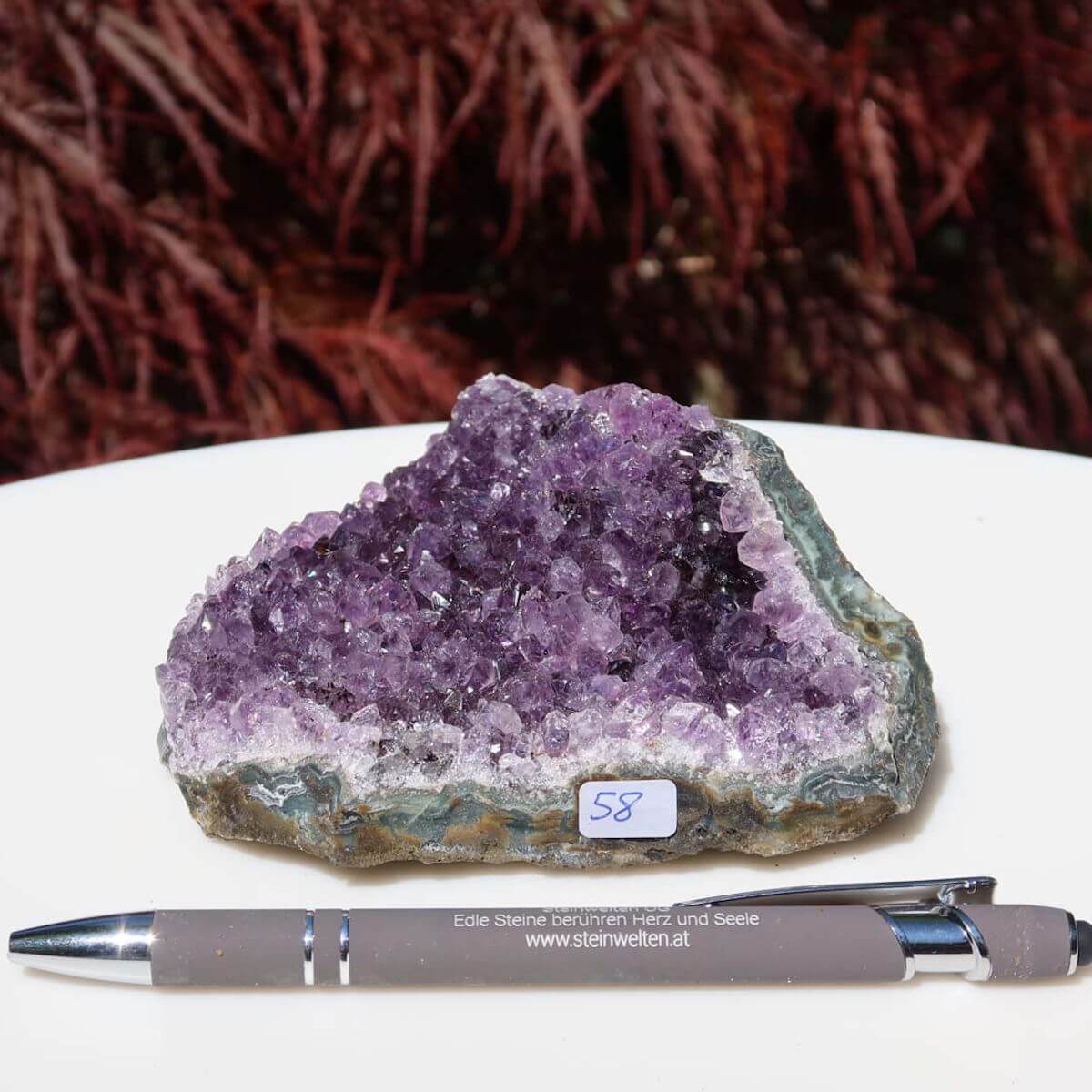 Amethyst Drusen 1A Qualität, 10x10cm, UNIKAT Nr. 58, aus Uruguay, auf weißem Hintergrund mit Kugelschreiber als Größenvergleich.