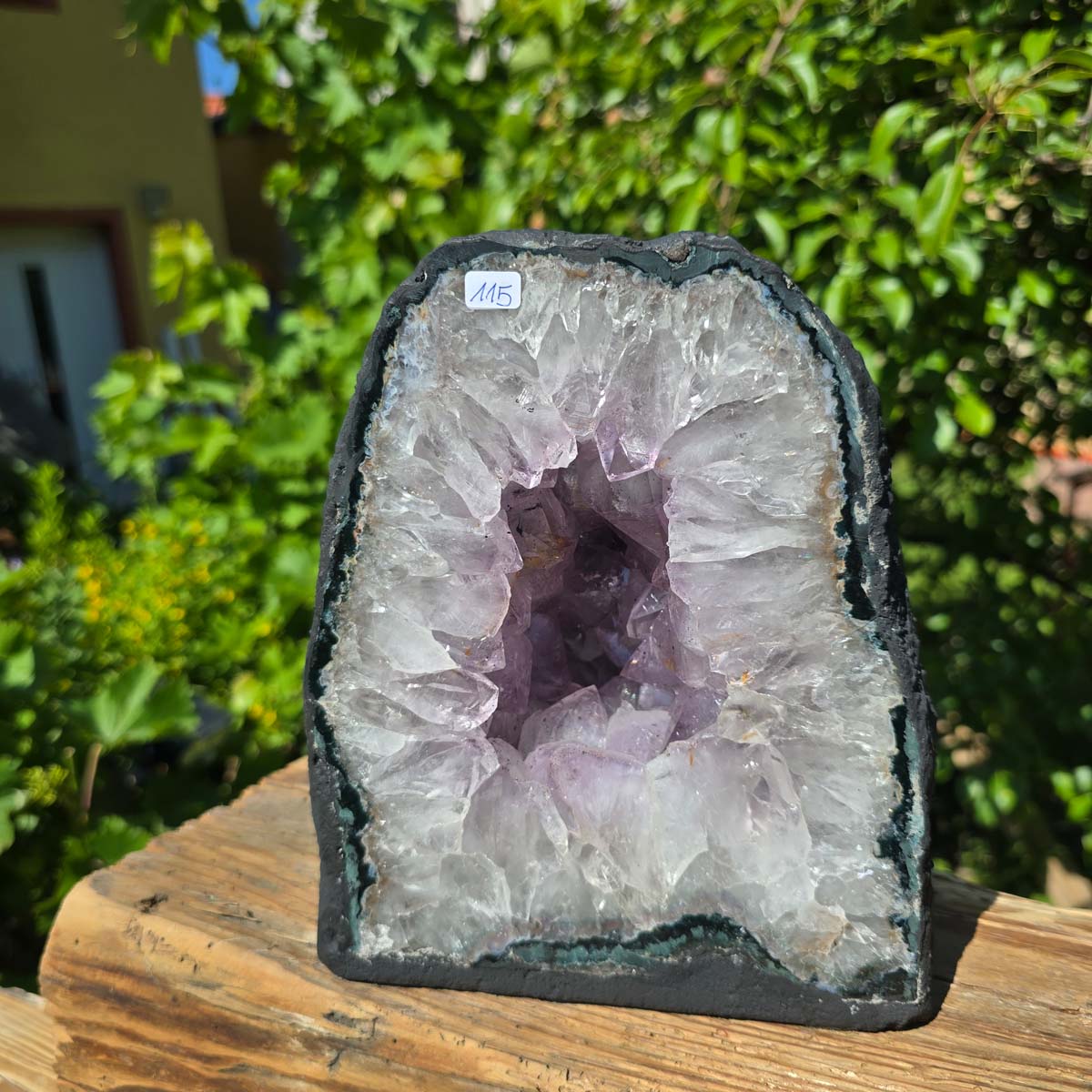 Amethyst Druse – Geode - 21x17x14cm und 7,4kg – Steinwelten OG - Nr. 115, helle Kristalle in einer natürlichen Umgebung.