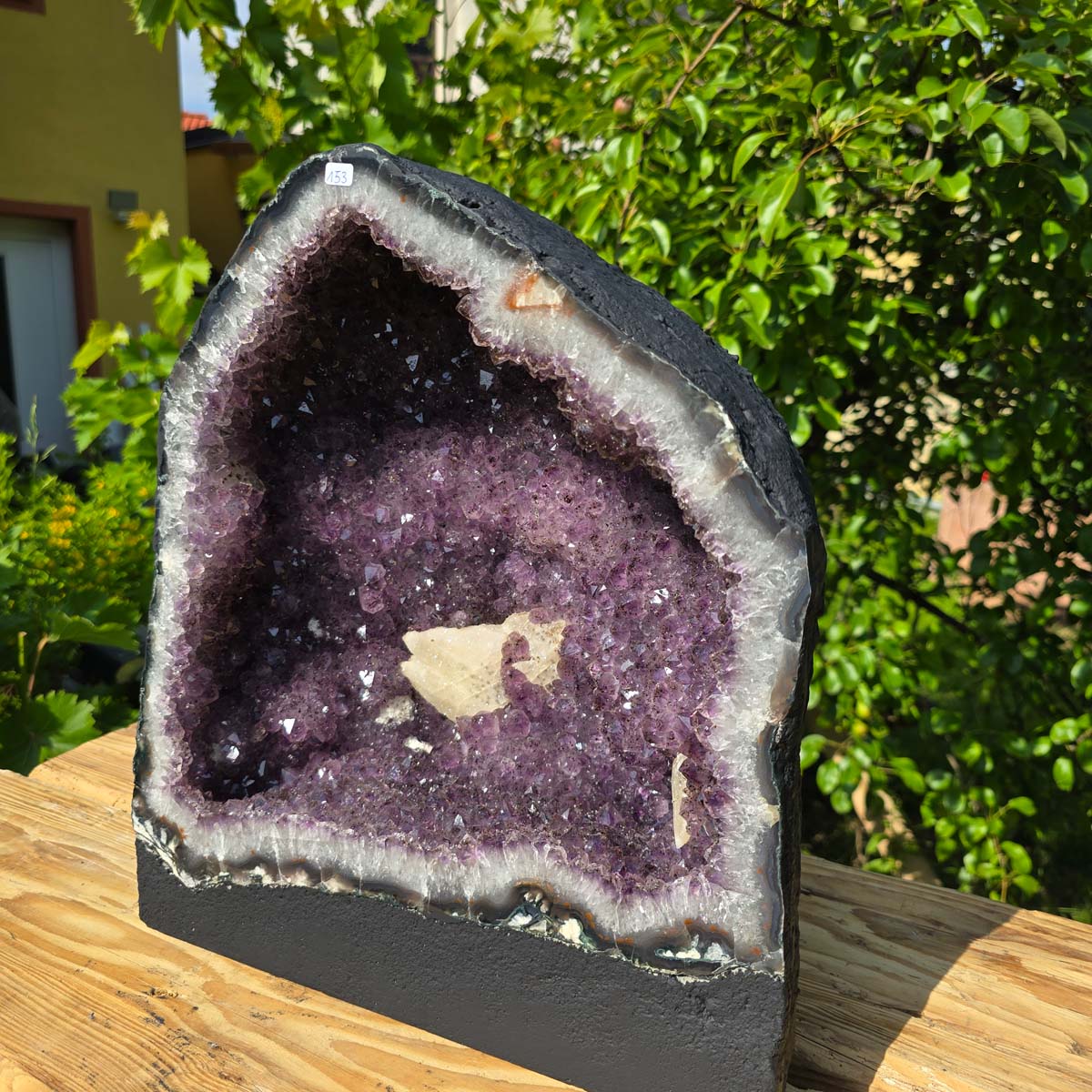 Amethyst Druse – Geode - 38x34x18cm und 23,6kg – Steinwelten OG - Nr. 153 displayed on wooden surface with leafy background.