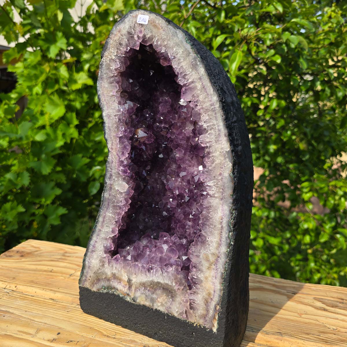 Amethyst Druse – Geode - 37x22x18cm und 14,6kg – Steinwelten OG - Nr. 214, elegant home decor accent, unique piece on wooden table