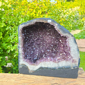 Amethyst Druse – Geode - 42x21x18cm und 19,6kg – Steinwelten OG - Nr. 235 displaying unique crystals in a garden setting