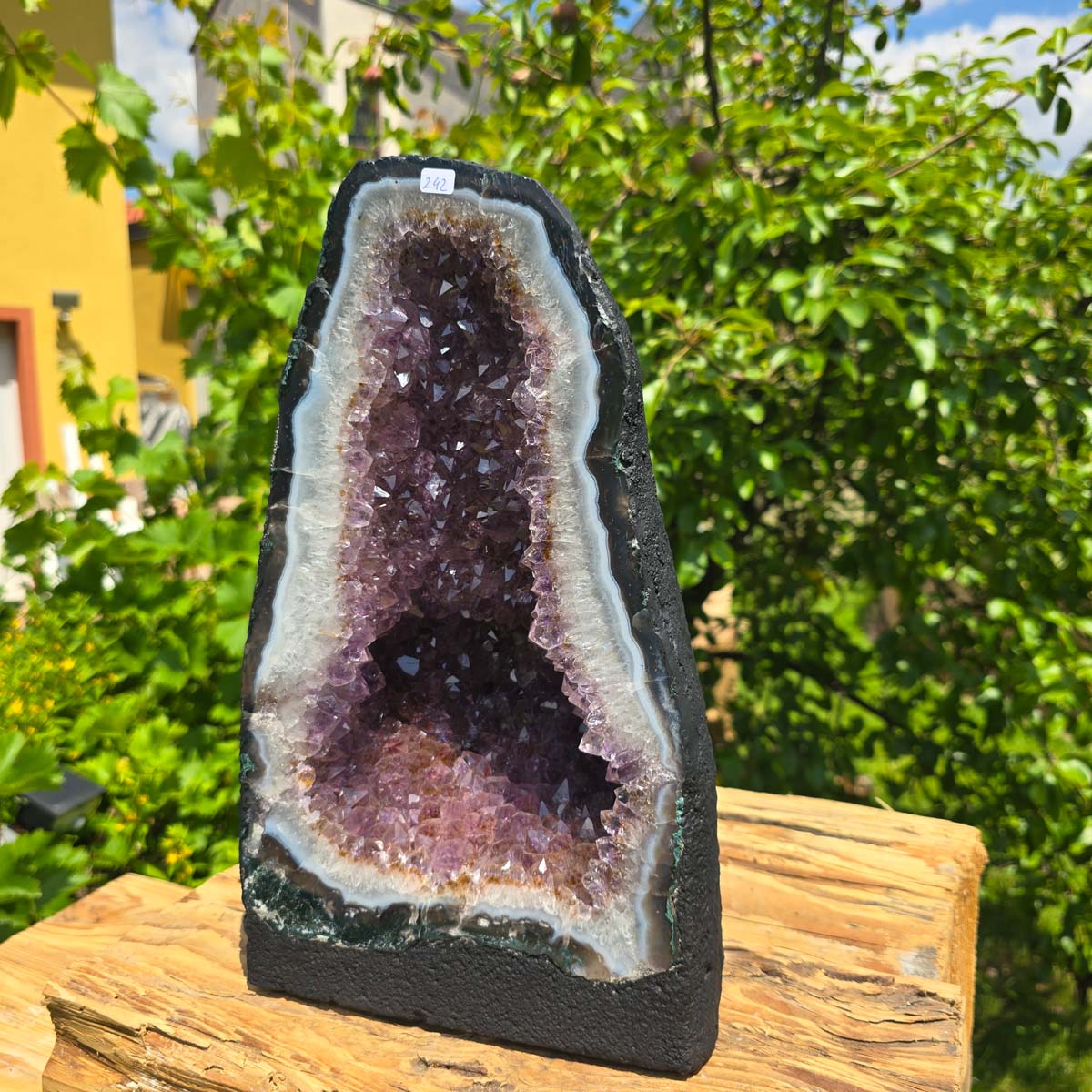 Amethyst Druse – Geode - 34x20x14cm und 11kg – Steinwelten OG - Nr. 242 glimmering in a natural setting, ideal for interior decor.