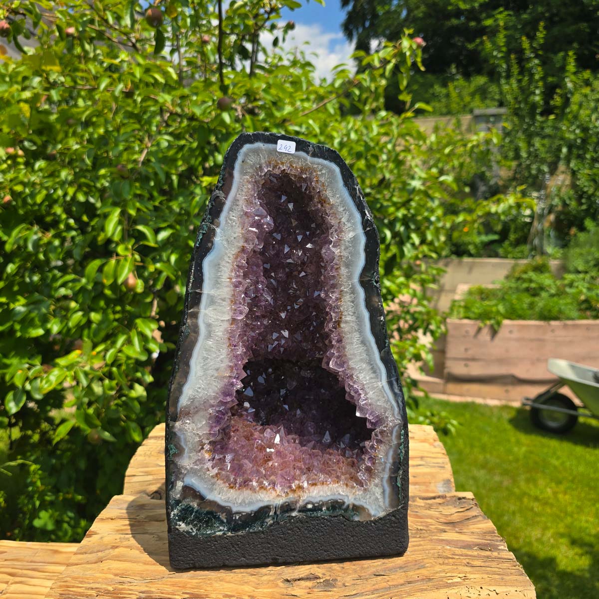 Amethyst Druse – Geode - 34x20x14cm und 11kg – Steinwelten OG - Nr. 242, dekorative Amethyst Druse im Freien auf Holz