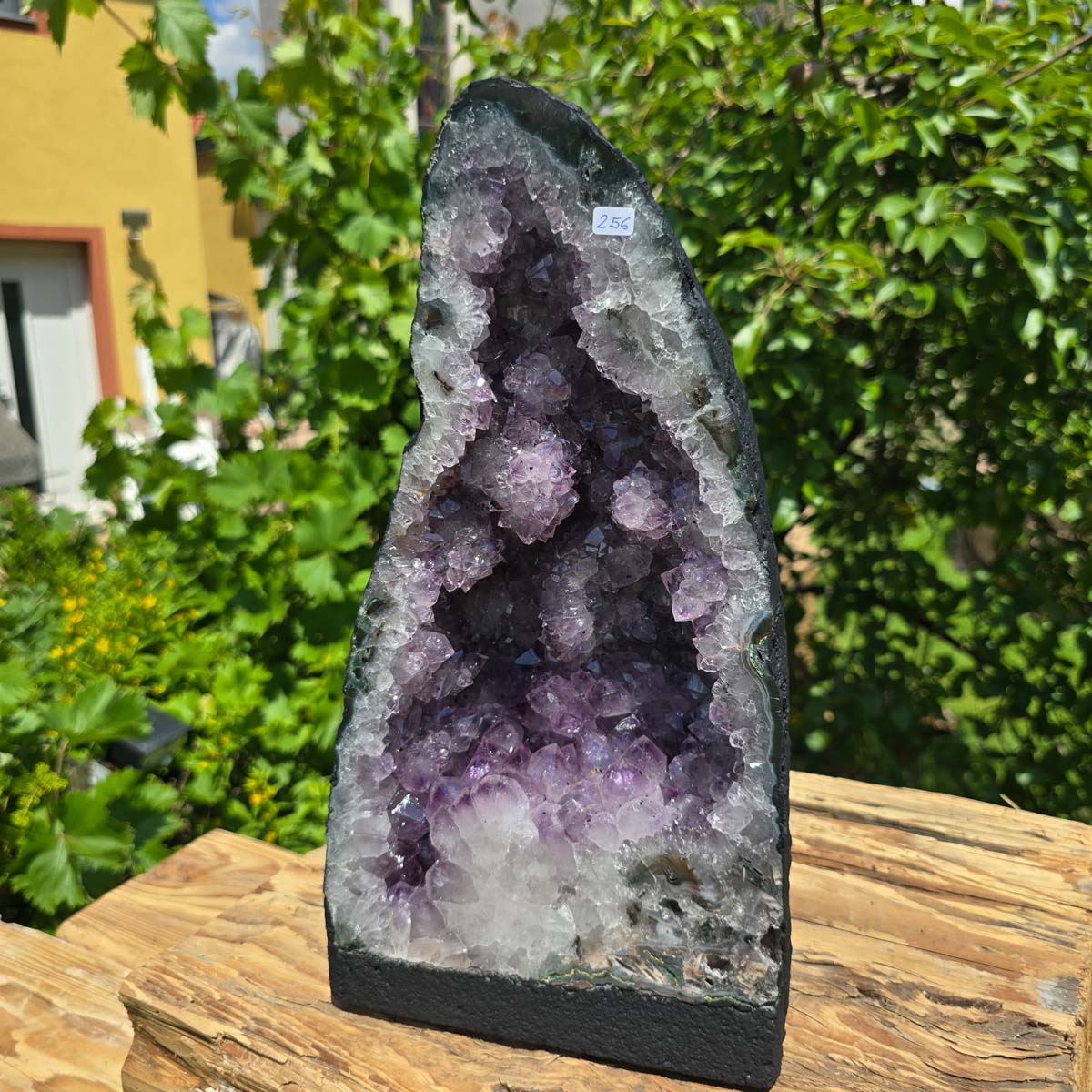 Amethyst Druse – Geode - 35x19x15cm und 10,2kg – Steinwelten OG - Nr. 256 on display outdoors, ideal for decorative spaces.