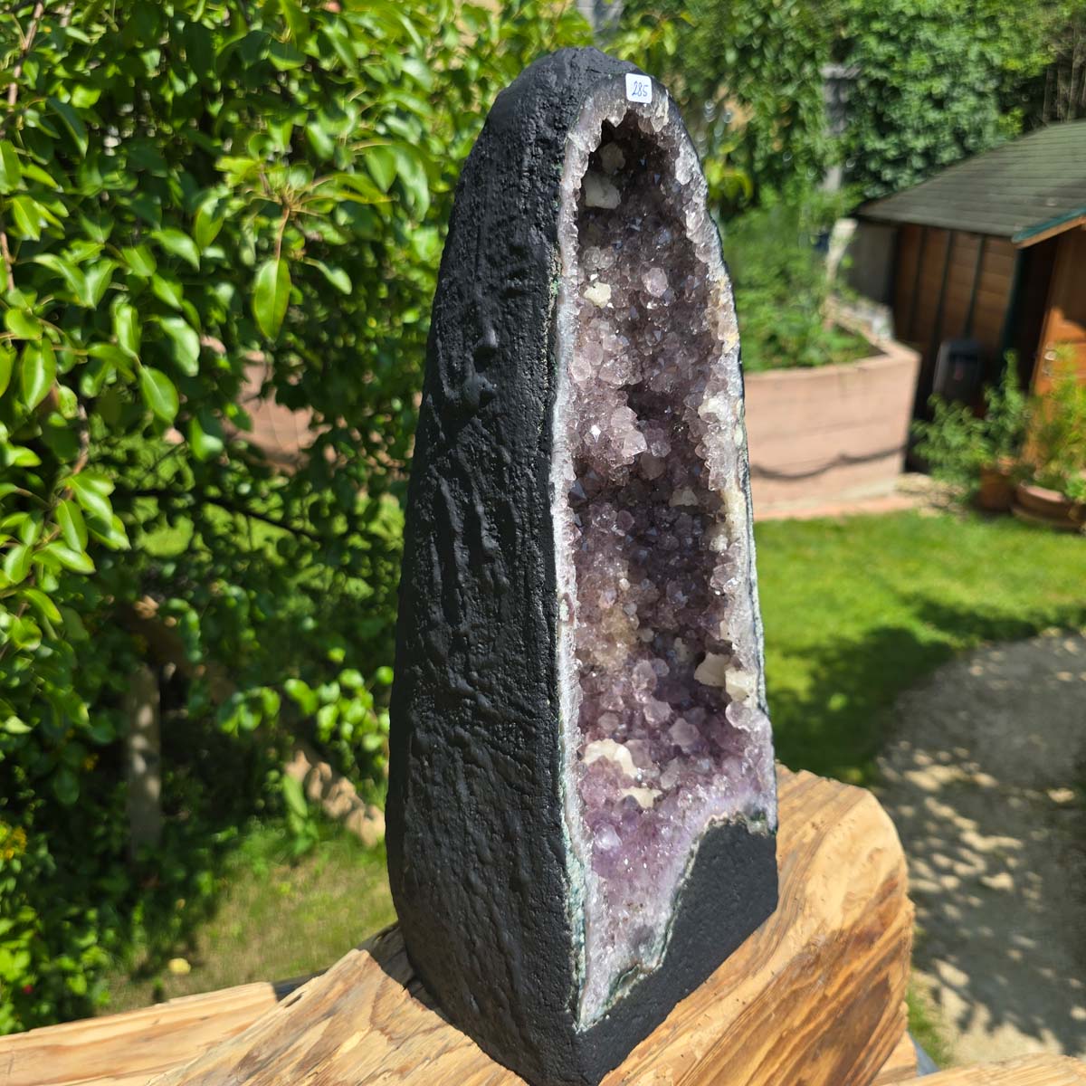 Amethyst Druse – Geode - 38x16x17cm und 9,2kg – Steinwelten OG - Nr. 285 displayed outdoors