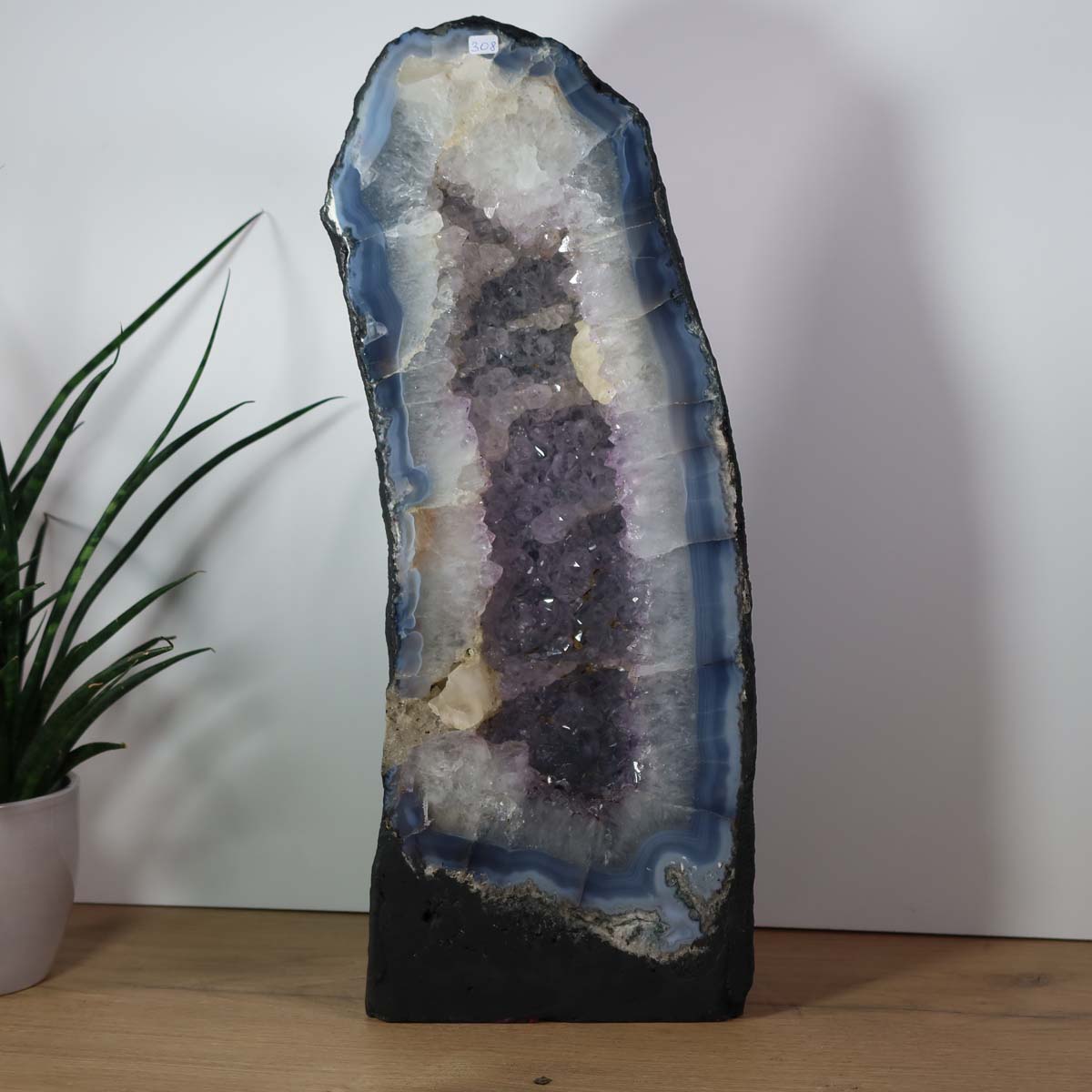 Amethyst Druse – Geode - 48x19cm und 16,6kg – Steinwelten OG - Nr. 308 in bright Brazilian crystals on display