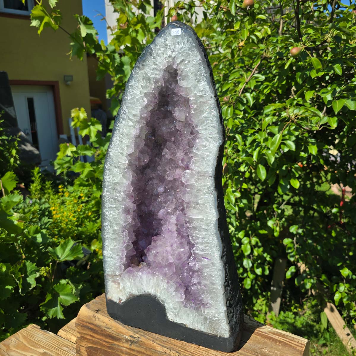 Amethyst Druse – Geode - 47x22cm und 19,2kg – Steinwelten OG - Nr. 348 leuchtende Kristalle aus Brasilien mit hellvioletter Farbe.
