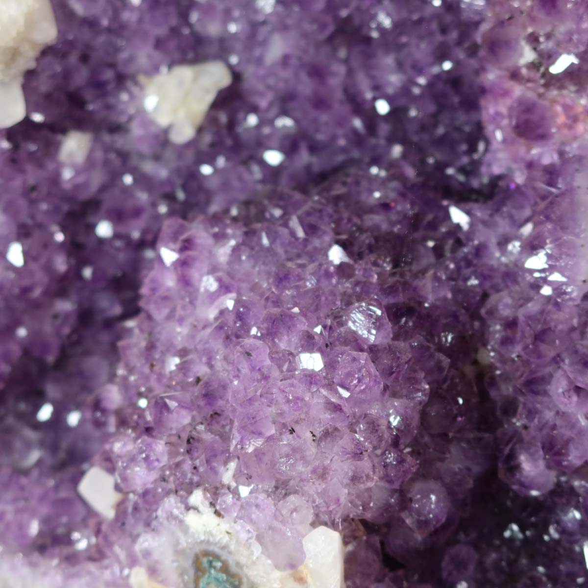 Close-up view of Amethyst Druse – Geode - 34x47x25cm und 39,2kg – Steinwelten OG - Nr. 450 showcasing sparkling purple crystals.