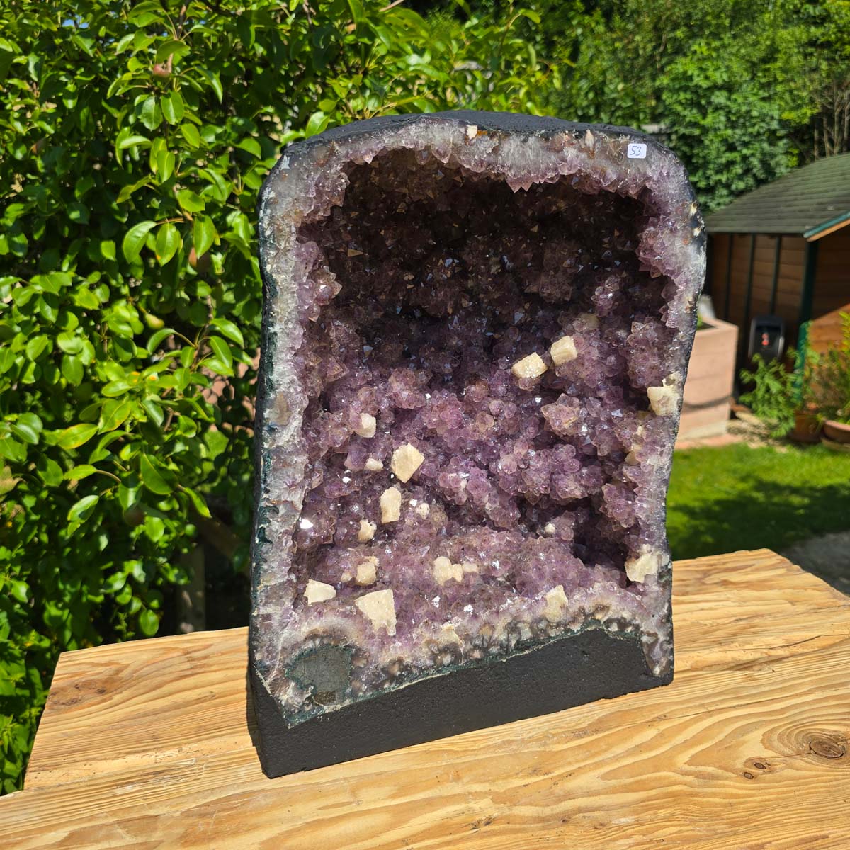 Amethyst Druse – Geode - 43x32x22cm und 31,2kg – Steinwelten OG - Nr. 53 on wooden table in a green garden setting.