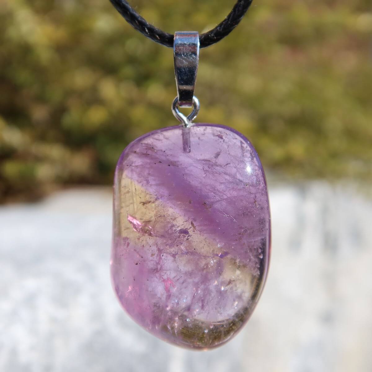 Handcrafted 34mm Ametrine Pendant with Silver Bail featuring unique violet-gold hues for harmony and creativity. Unikat Nr. 13.