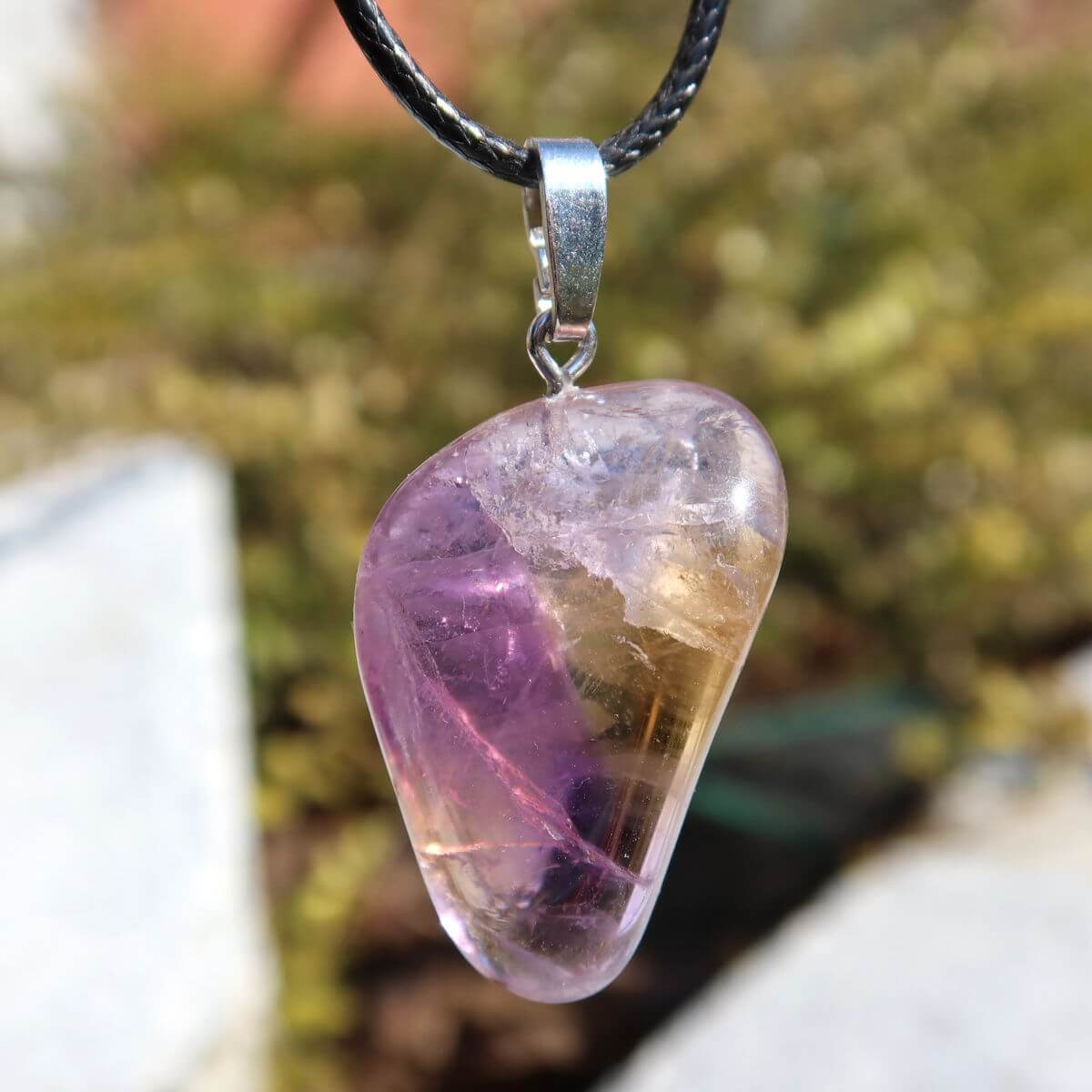 Ametrin pendant with silver loop featuring violet-golden hues, 35mm, promoting harmony and creativity, unique piece number 2.