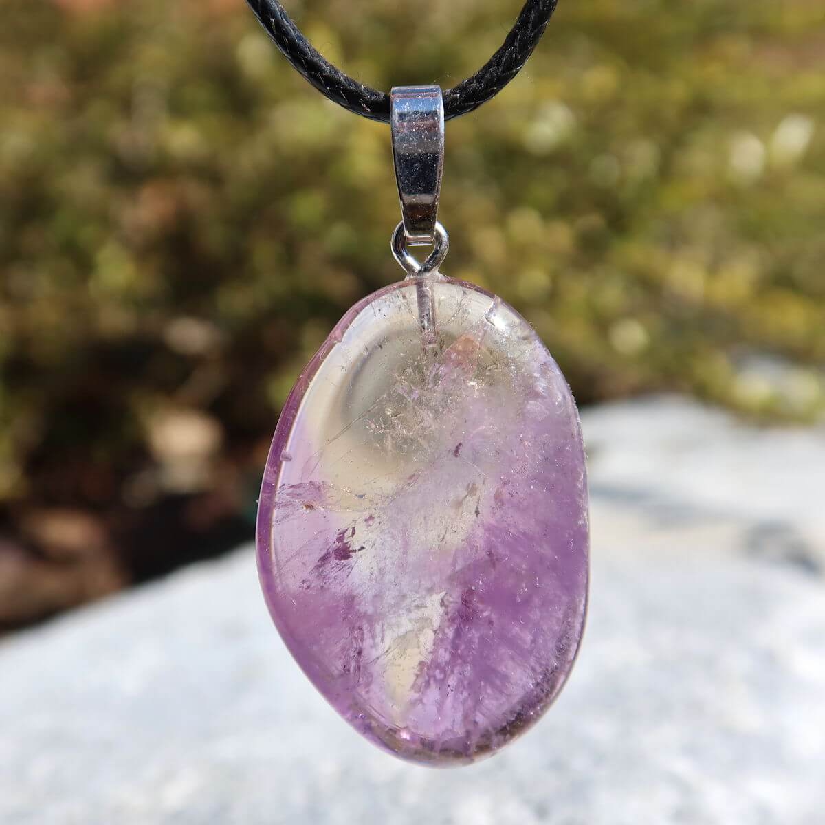 Ametrin Anhänger mit Silberöse, Unikat Nr. 4, 36mm, lila-golden Farben, seltener Quarz für Harmonie und Kreativität.