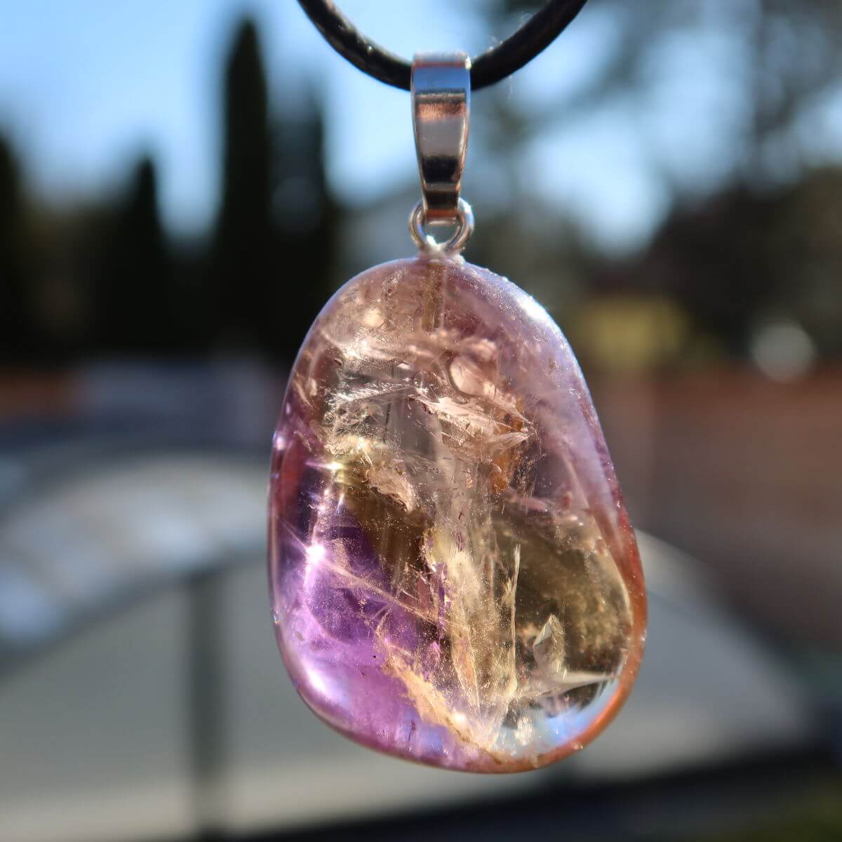 Ametrin Anhänger mit Silberöse 34mm, einzigartig violett-goldene Farbverläufe, Naturkunstwerk Unikat.