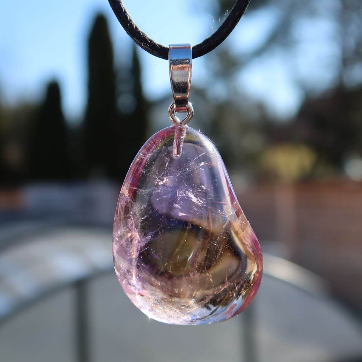 Ametrin Anhänger mit Silberöse 33mm, violett-goldene Farbverläufe, vereint Amethyst und Citrin, Unikat Nr. 6.