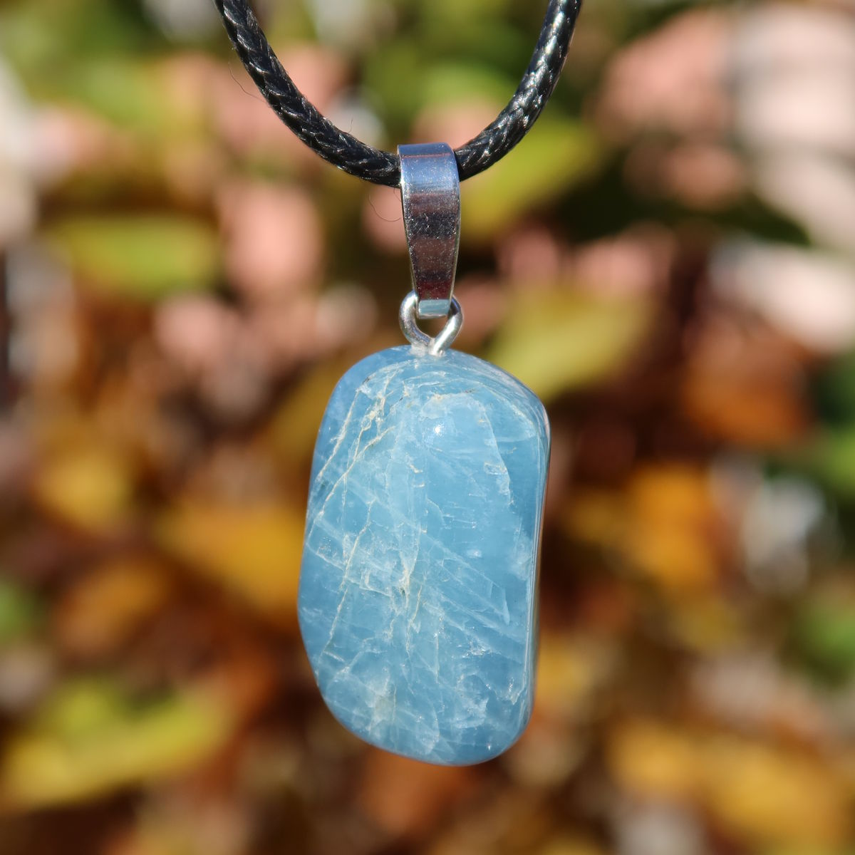 1A Qualität Aquamarin Anhänger 27mm - Ausgeglichenheit und frische Energie - UNIKAT Nr. 9, hellblauer Edelstein an schwarzer Kette