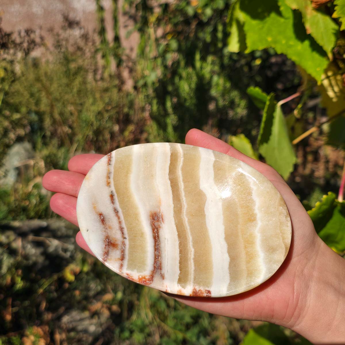 Aragonit - Onyxmarmor-Steeschuel oval kleng 12 x 9 cm
