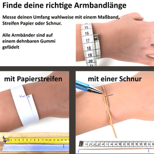Anleitung zum Messen der Armbandlänge mit Maßband, Papierstreifen oder Schnur für perfekte Passform.