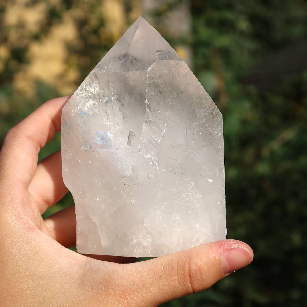 Hand holding a clear polished quartz crystal point, emphasizing its natural clarity and facets, against a green foliage background.