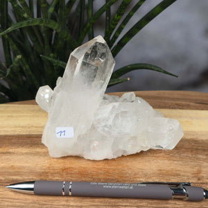 Bergkristall Stufe 1A Qualität, 9x11x7 cm - Klarheit und Fokus - UNIKAT Nr. 11, roher Bergkristall auf Holzuntergrund mit Pflanze im Hintergrund.