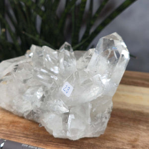 Bergkristall Stufe 1A Qualität, 7x10x11 cm - Klarheit und Fokus - UNIKAT Nr. 23, natürlicher Quarzkristall aus Brasilien auf Holzuntergrund