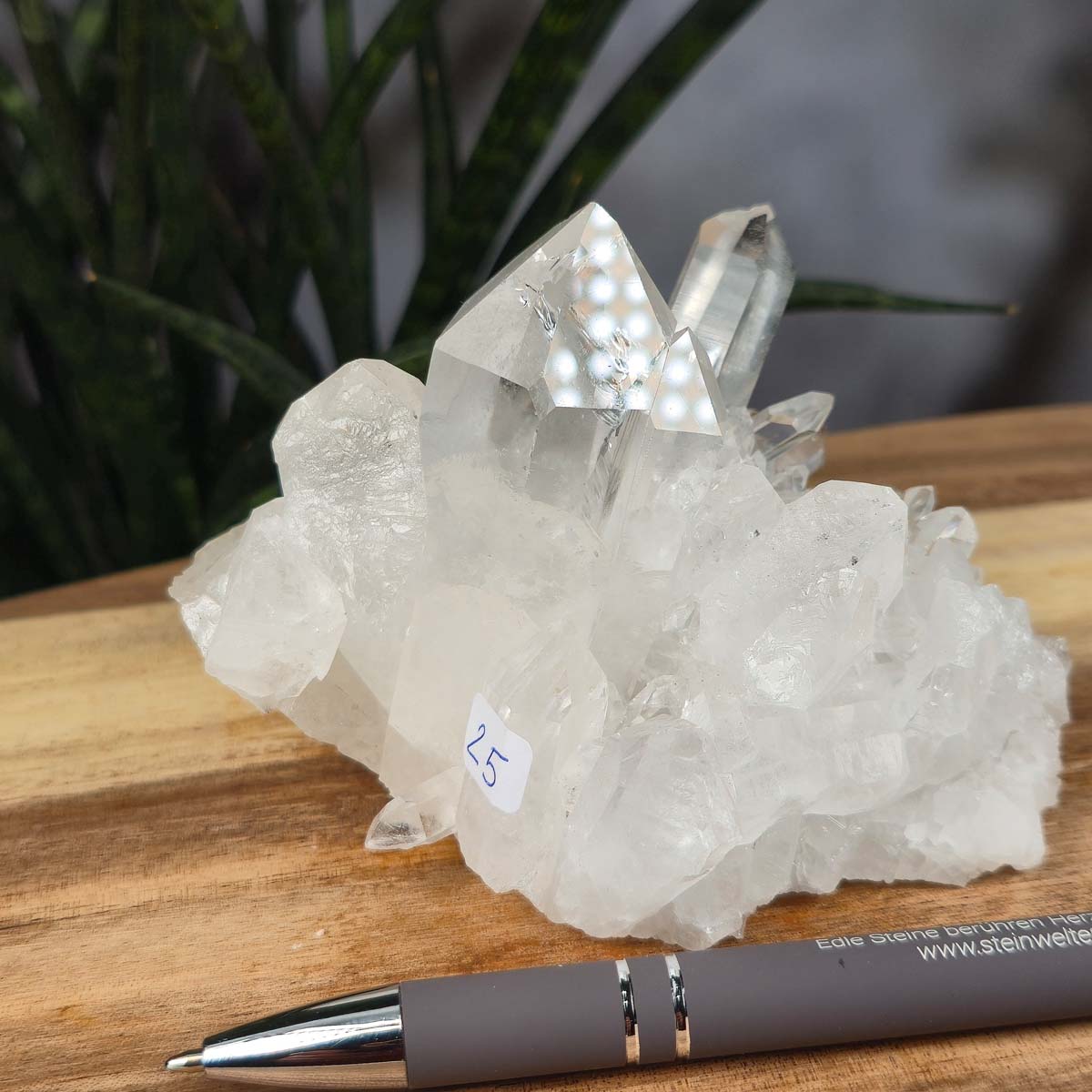 Bergkristall Stufe 1A Qualität, 7x11x8 cm - Klarheit und Fokus - UNIKAT Nr. 25, naturbelassene Kristallstufe aus Brasilien auf Holztisch