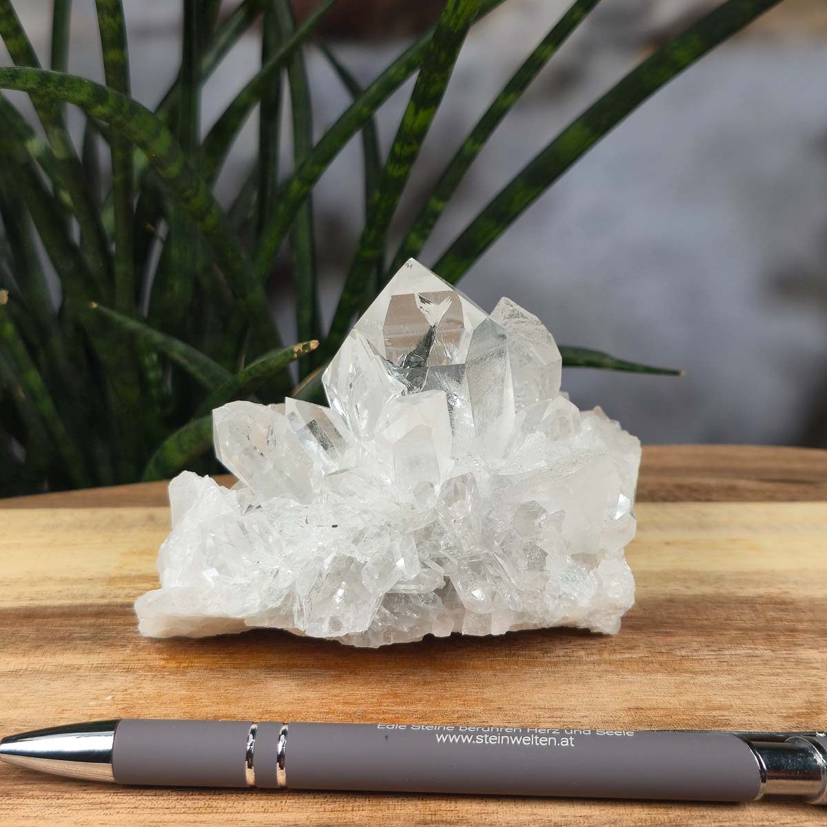 Bergkristall Stufe 1A Qualität, 7x11x8 cm - Klarheit und Fokus - UNIKAT Nr. 25, naturbelassene Kristallstufe aus Brasilien auf Holztisch