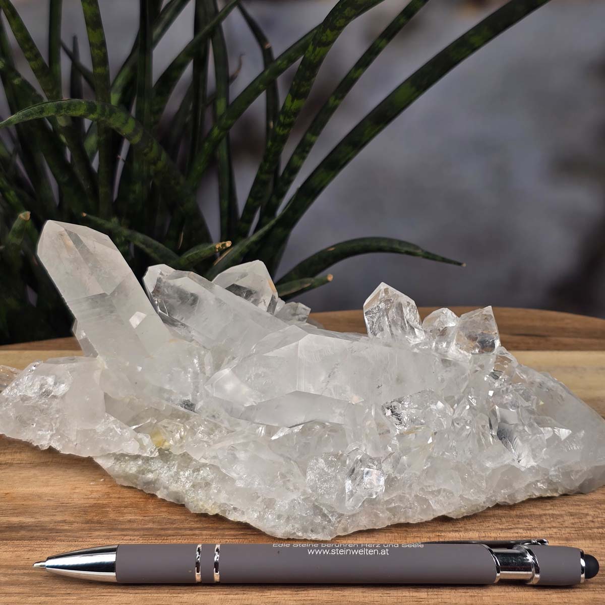 Bergkristall Stufe 1A Qualität, 8x18x9 cm - Klarheit und Fokus - UNIKAT Nr. 29 in natürlicher Form auf Holzunterlage, mit Stift.