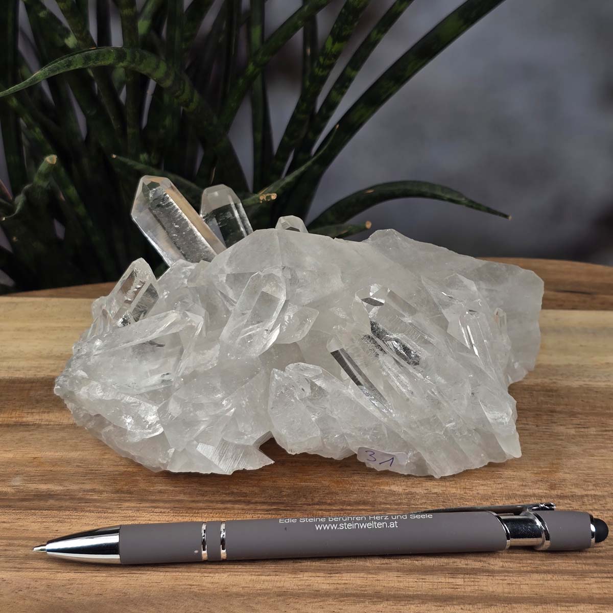 Bergkristall Stufe 1A Qualität, 6x14x10 cm - Klarheit und Fokus - UNIKAT Nr. 31 auf Holztisch, Naturkristall mit Stift im Hintergrund