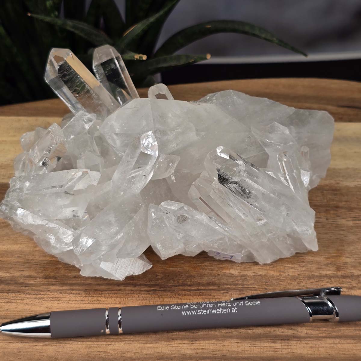 Bergkristall Stufe 1A Qualität, 6x14x10 cm - Klarheit und Fokus - UNIKAT Nr. 31 auf Holztisch, Naturkristall mit Stift im Hintergrund