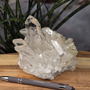 Bergkristall Stufe 1A Qualität, 10x14x9 cm - Klarheit und Fokus - UNIKAT Nr. 34 auf Holztisch, mit grüner Pflanze im Hintergrund.