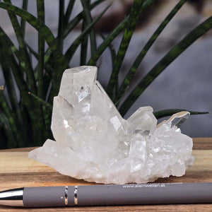 Bergkristall Stufe 1A Qualität, 7x10x6 cm - Klarheit und Fokus - UNIKAT Nr. 38 auf Holztisch vor Pflanze