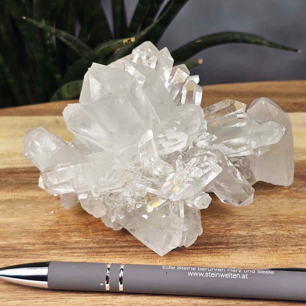 Bergkristall Stufe 1A Qualität, 7x11x9 cm - Klarheit und Fokus - UNIKAT Nr. 40, rohe Kristallformation aus Brasilien auf Holztisch