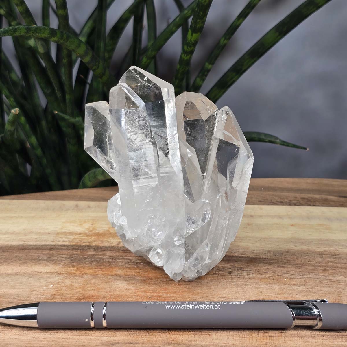 Bergkristall Stufe 1A Qualität, 9x6x5 cm - Klarheit und Fokus - UNIKAT Nr. 41 auf einem Tisch