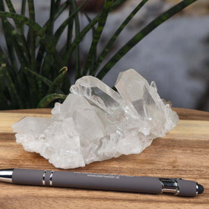 Bergkristall Stufe 1A Qualität, 7x15x8 cm - Klarheit und Fokus - UNIKAT Nr. 4 auf Holzplatte vor grünen Pflanzen.