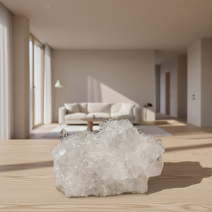 Bergkristall Stufe 1A Qualität 4,8kg - Klarheit und Fokus - UNIKAT Nr. 15 in modernem Wohnzimmer auf heller Holzoberfläche
