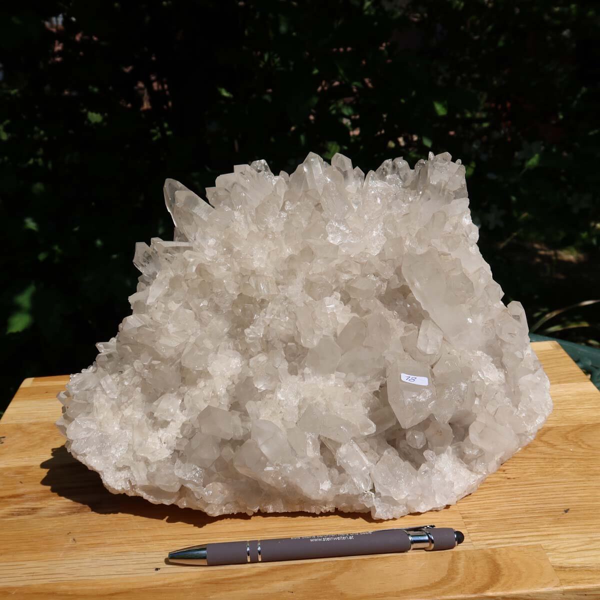 Bergkristall Stufe 1A Qualität 5,9kg auf Holz, ungeschliffenes Naturstück aus Brasilien mit klaren Spitzen und Wachstumsstrukturen.