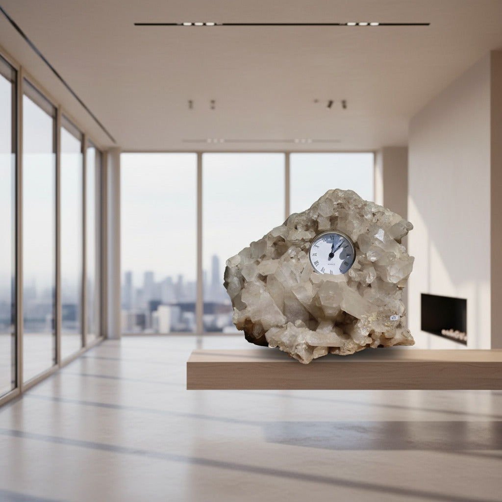 Bergkristall Stufe mit Uhr, 12kg, große Spitzen, 1A Qualität, Sammlerstück, Unikat Nr. 19, Brasilien, Klarheit und Fokus.