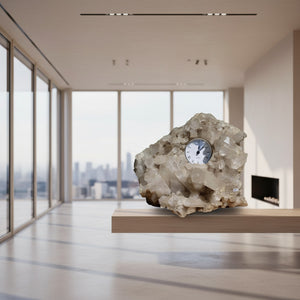 Bergkristall Stufe mit Uhr, 12kg, große Spitzen, 1A Qualität, Sammlerstück, Unikat Nr. 19, Brasilien, Klarheit und Fokus.