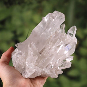 Raw Brazilian quartz crystal cluster held in hand, showcasing natural clarity and unique structure. Unikat Nr. 8.