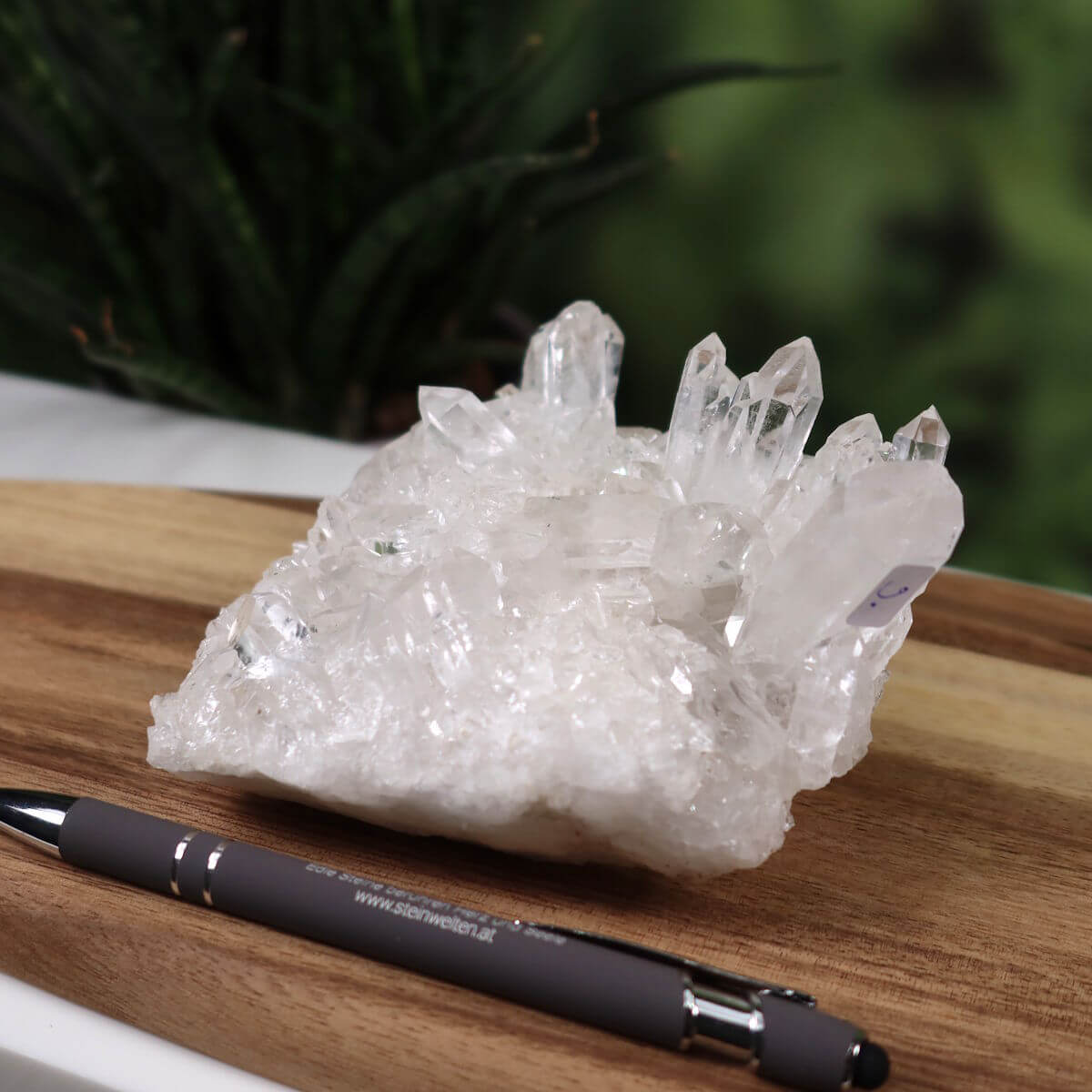 Raw clear quartz cluster from Brazil, featuring natural crystal formations on a wooden display, pen for size reference.